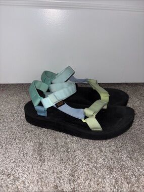 Teva Platform Sandals with Pastel Mint, Sky Blue, and Light Lime Straps